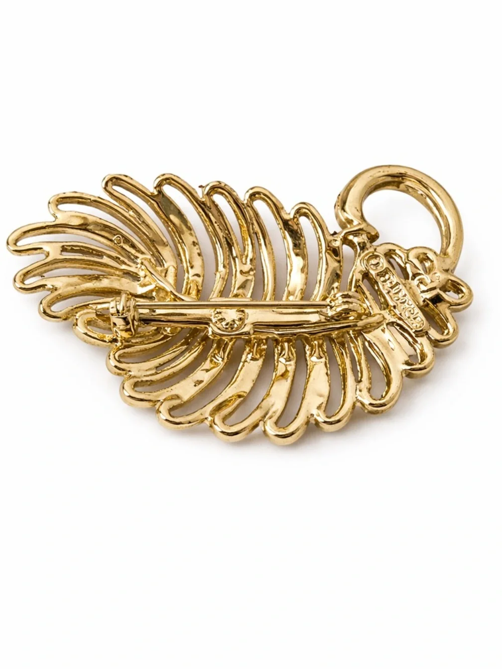 Vintage Gerry's Gold Tone‎ Feather Brooch Rhinestone Textured Leaf Pin Signed